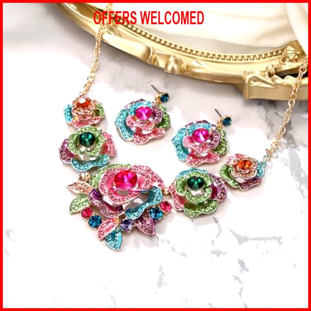 Crystal Layer Flower Cluster Statement Necklace D… - image 3